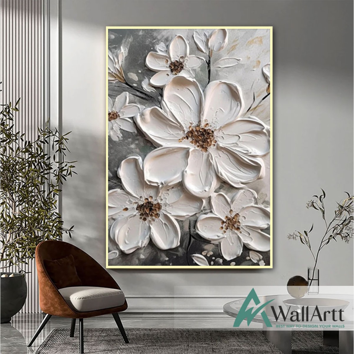 Embossed White Flowers II 3d Heavy Textured Partial Oil Painting